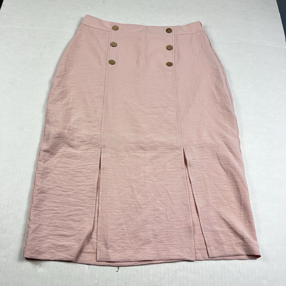 Danque Midi Pencil Skirt Blush Pink Sailor Button Front Slit Casual 10 / EU 42